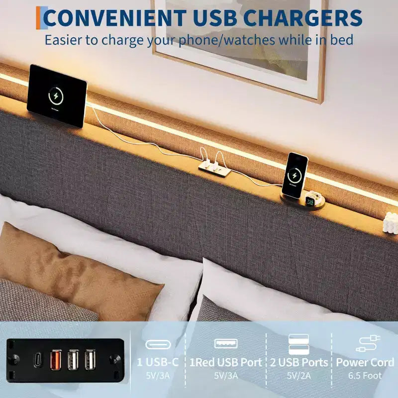 Struttura letto imbottita grigia con LED e USB, matrimoniale alla francese (1 persona) / matrimoniale standard (2 persone)