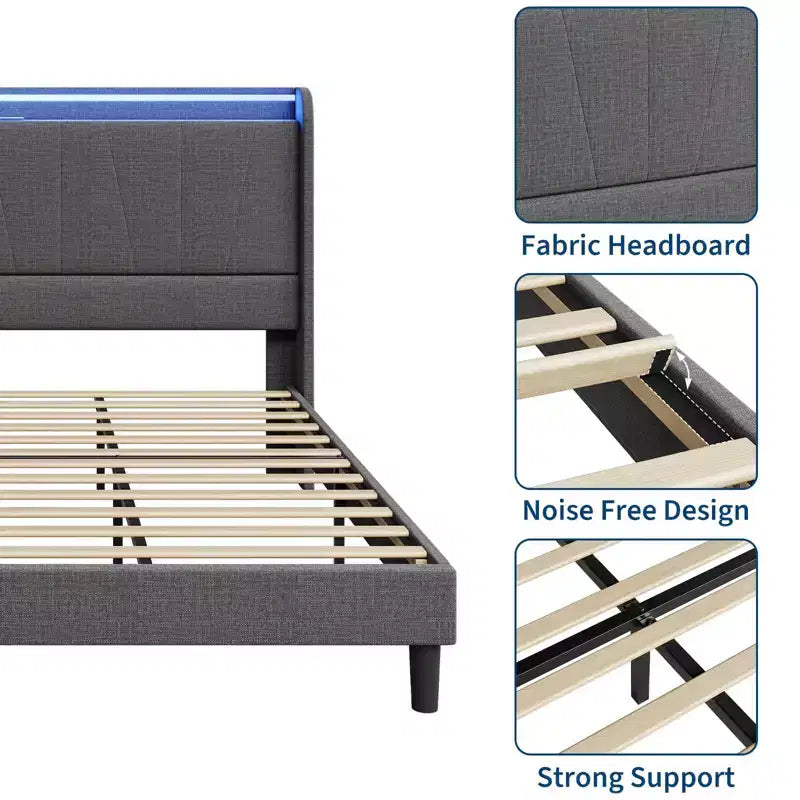 Struttura letto imbottita grigia con LED e USB, matrimoniale alla francese (1 persona) / matrimoniale standard (2 persone)