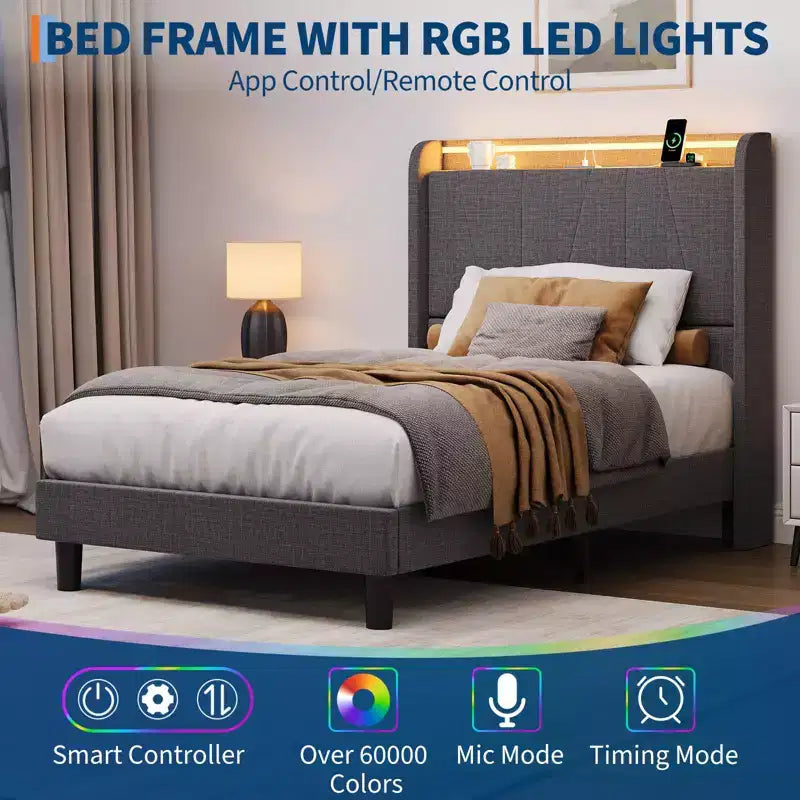 Struttura letto imbottita grigia con LED e USB, matrimoniale alla francese (1 persona) / matrimoniale standard (2 persone)