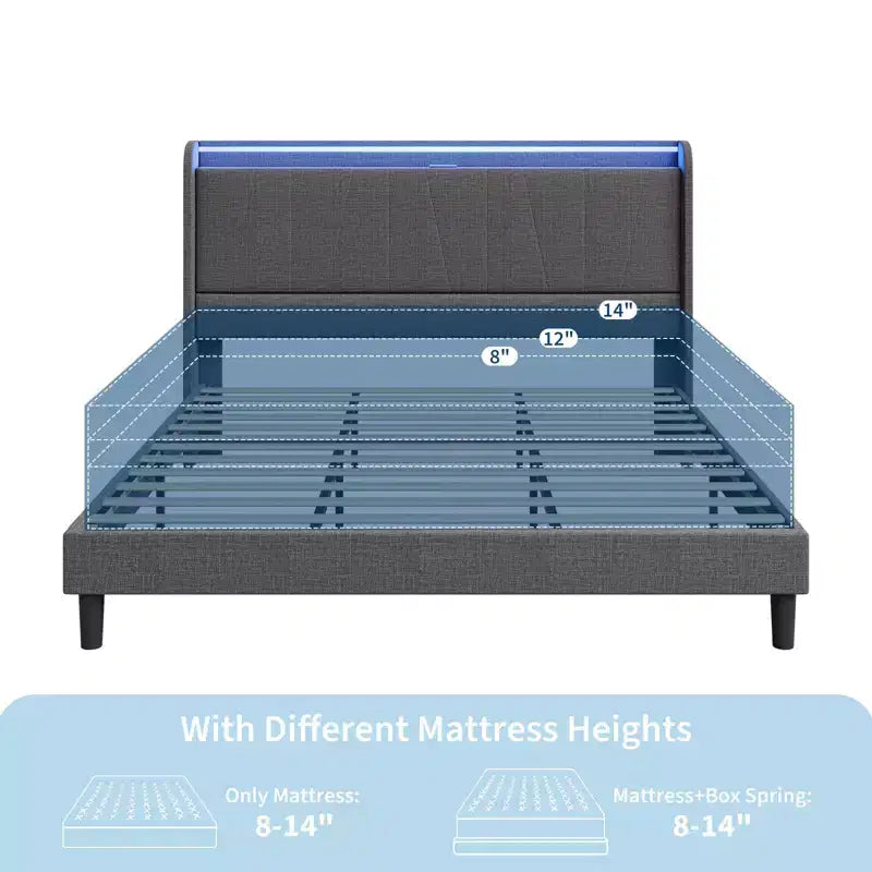 Struttura letto imbottita grigia con LED e USB, matrimoniale alla francese (1 persona) / matrimoniale standard (2 persone)