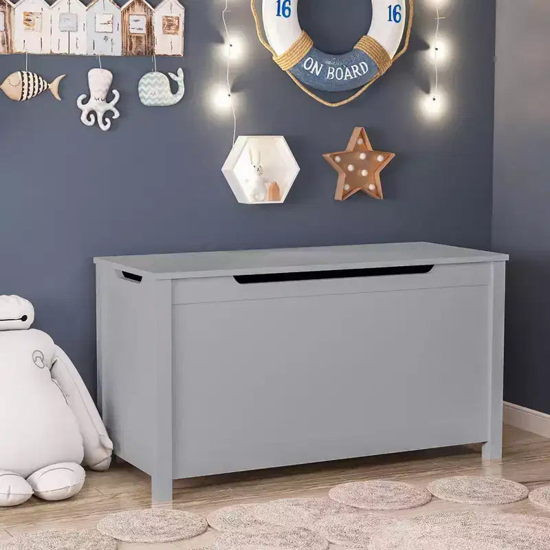 Baule portagiochi in legno per bambini con coperchio con cerniera di sicurezza – Marrone / Grigio / Bianco
