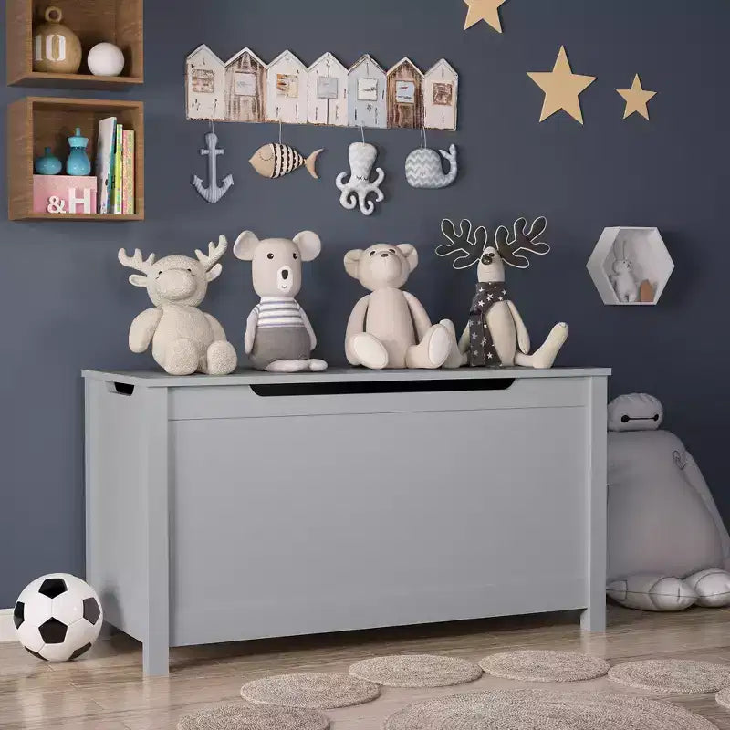 Baule portagiochi in legno per bambini con coperchio con cerniera di sicurezza – Marrone / Grigio / Bianco