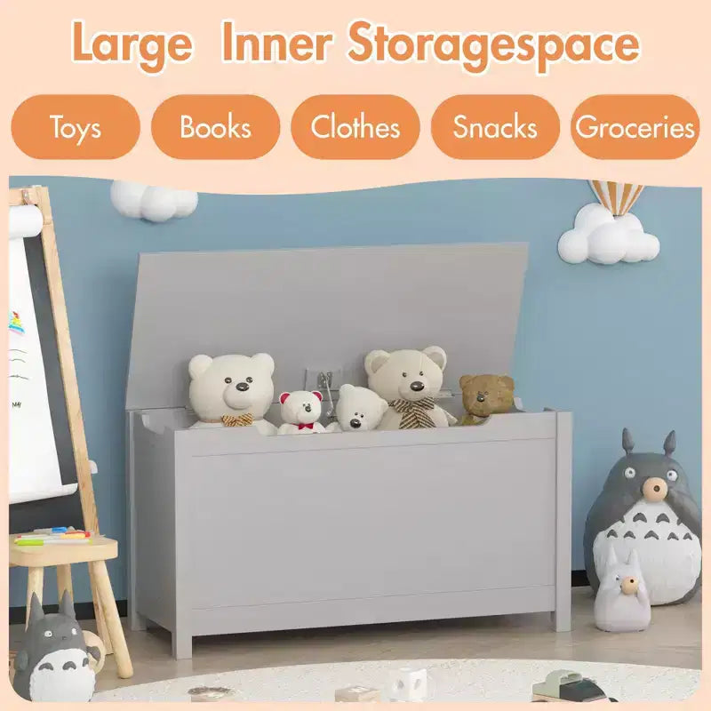 Baule portagiochi in legno per bambini con coperchio con cerniera di sicurezza – Marrone / Grigio / Bianco