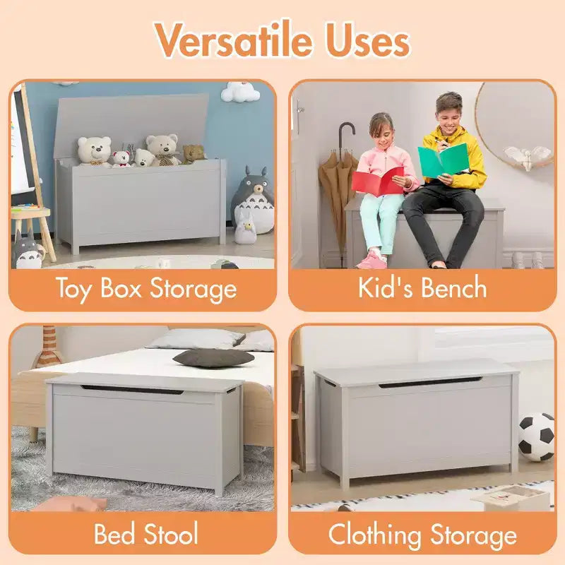 Baule portagiochi in legno per bambini con coperchio con cerniera di sicurezza – Marrone / Grigio / Bianco