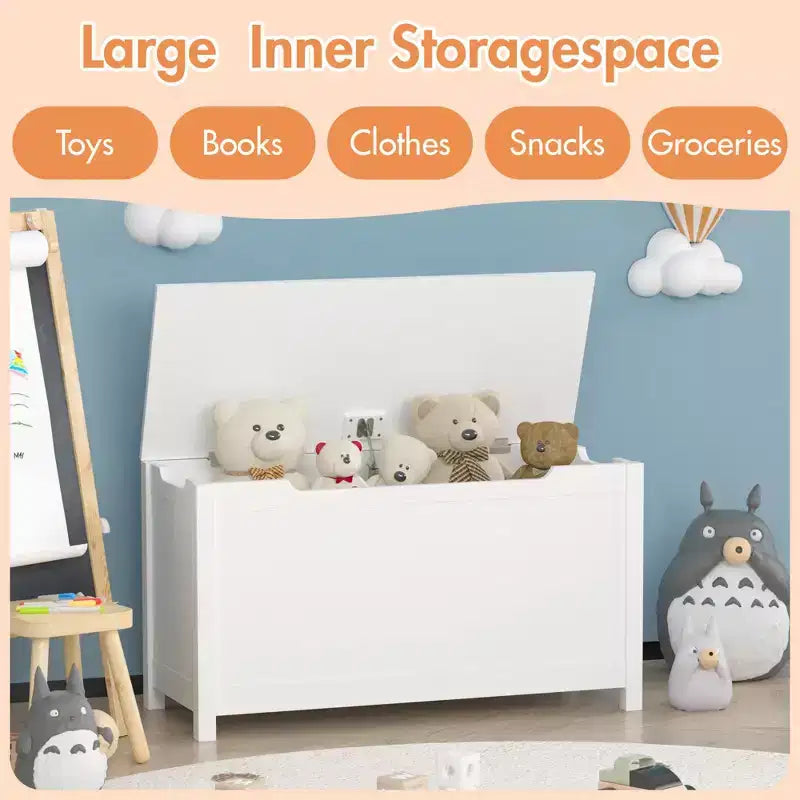 Baule portagiochi in legno per bambini con coperchio con cerniera di sicurezza – Marrone / Grigio / Bianco