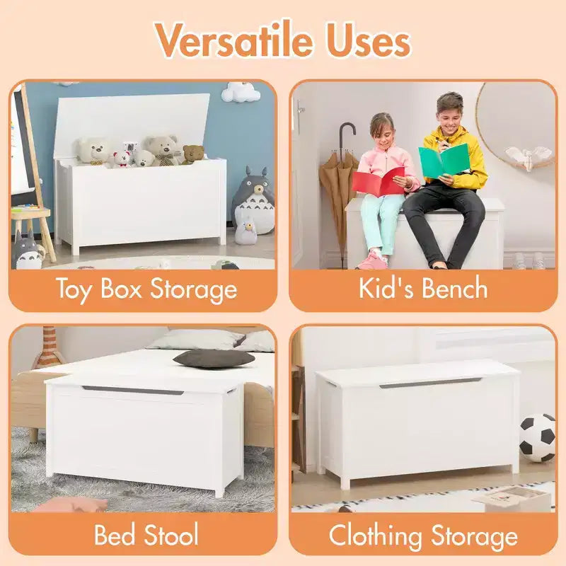 Baule portagiochi in legno per bambini con coperchio con cerniera di sicurezza – Marrone / Grigio / Bianco