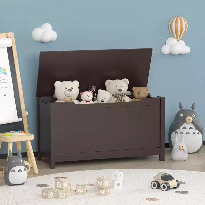 Baule portagiochi in legno per bambini con coperchio con cerniera di sicurezza – Marrone / Grigio / Bianco