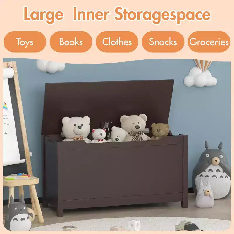 Baule portagiochi in legno per bambini con coperchio con cerniera di sicurezza – Marrone / Grigio / Bianco