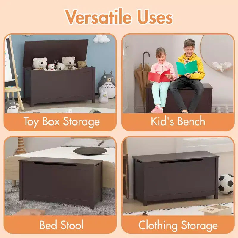 Baule portagiochi in legno per bambini con coperchio con cerniera di sicurezza – Marrone / Grigio / Bianco