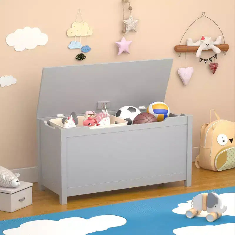Baule portagiochi in legno per bambini con coperchio con cerniera di sicurezza – Marrone / Grigio / Bianco