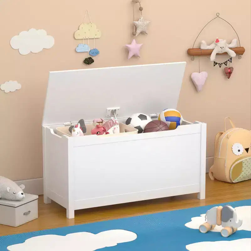 Baule portagiochi in legno per bambini con coperchio con cerniera di sicurezza – Marrone / Grigio / Bianco