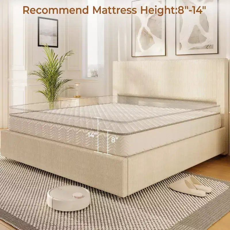 Struttura letto a piattaforma matrimoniale beige con testiera e 4 cassetti contenitore, 2 persone