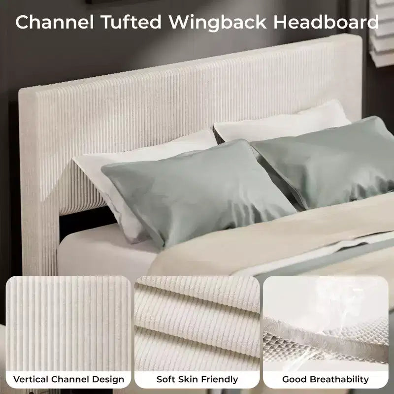 Struttura letto a piattaforma matrimoniale beige con testiera e 4 cassetti contenitore, 2 persone