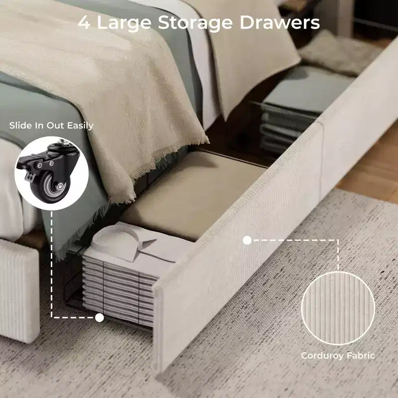 Struttura letto a piattaforma matrimoniale beige con testiera e 4 cassetti contenitore, 2 persone