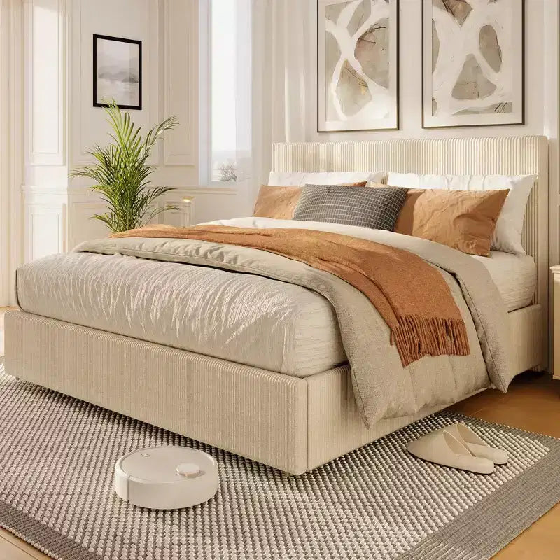 Struttura letto a piattaforma matrimoniale beige con testiera e 4 cassetti contenitore, 2 persone