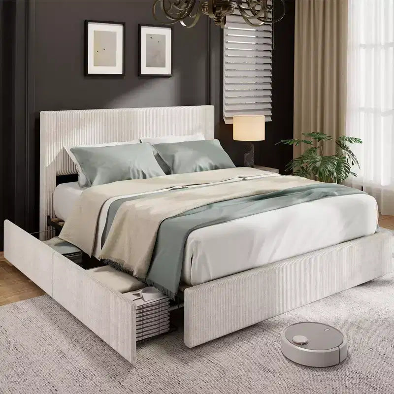 Struttura letto a piattaforma matrimoniale beige con testiera e 4 cassetti contenitore, 2 persone