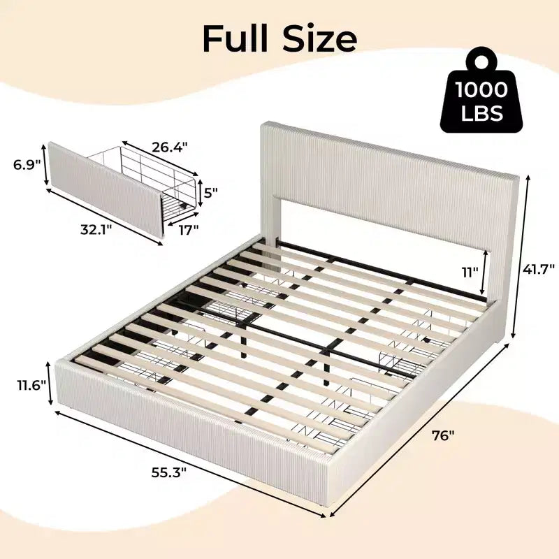 Struttura letto a piattaforma matrimoniale beige con testiera e 4 cassetti contenitore, 2 persone