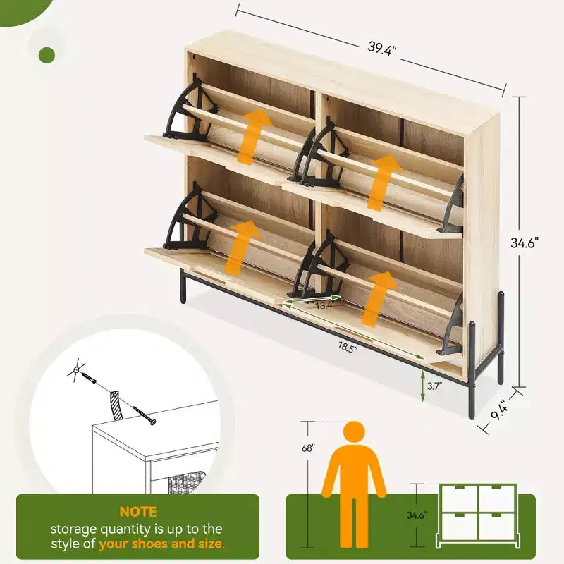 Scarpiera in Rattan con 4 Ante a Ribalta | Nero+Rovere / Rovere / Bianco | Contiene 18 Paia | Autoportante