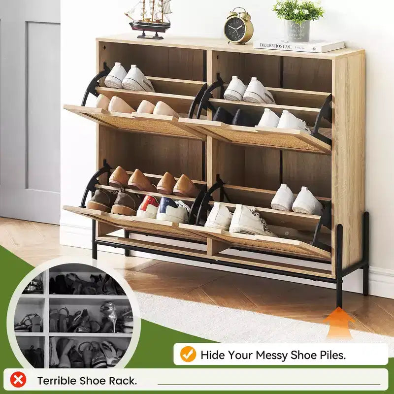 Scarpiera in Rattan con 4 Ante a Ribalta | Nero+Rovere / Rovere / Bianco | Contiene 18 Paia | Autoportante