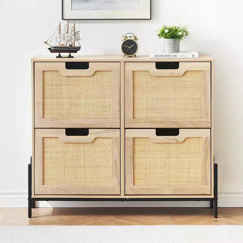 Scarpiera in Rattan con 4 Ante a Ribalta | Nero+Rovere / Rovere / Bianco | Contiene 18 Paia | Autoportante