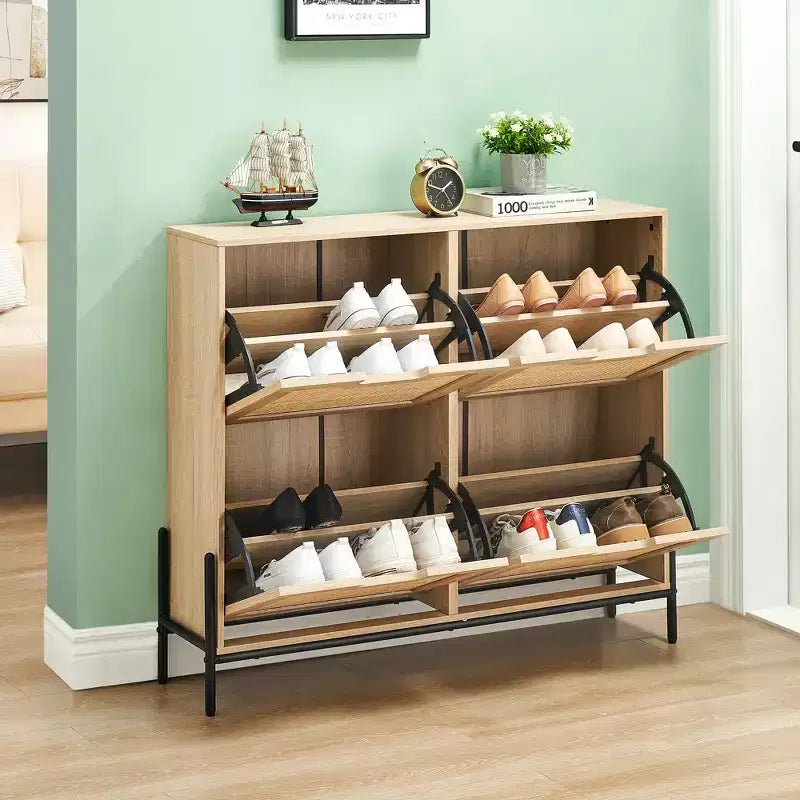 Scarpiera in Rattan con 4 Ante a Ribalta | Nero+Rovere / Rovere / Bianco | Contiene 18 Paia | Autoportante