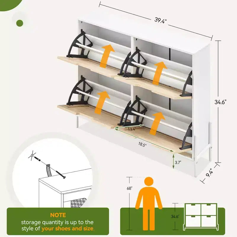 Scarpiera in Rattan con 4 Ante a Ribalta | Nero+Rovere / Rovere / Bianco | Contiene 18 Paia | Autoportante