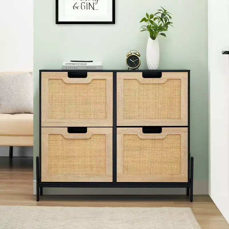 Scarpiera in Rattan con 4 Ante a Ribalta | Nero+Rovere / Rovere / Bianco | Contiene 18 Paia | Autoportante