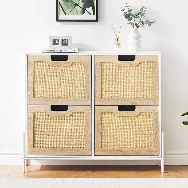 Scarpiera in Rattan con 4 Ante a Ribalta | Nero+Rovere / Rovere / Bianco | Contiene 18 Paia | Autoportante