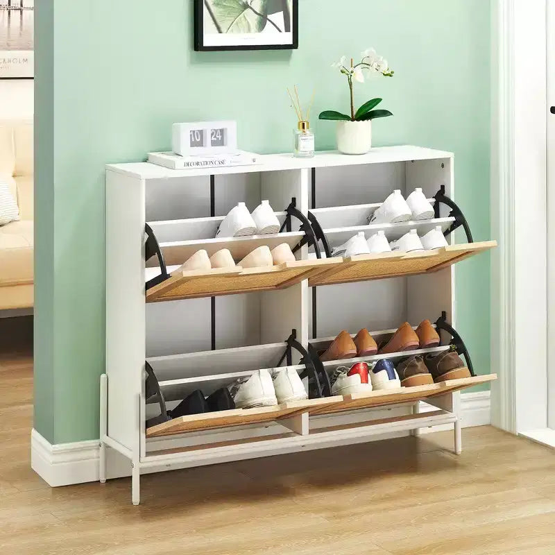 Scarpiera in Rattan con 4 Ante a Ribalta | Nero+Rovere / Rovere / Bianco | Contiene 18 Paia | Autoportante