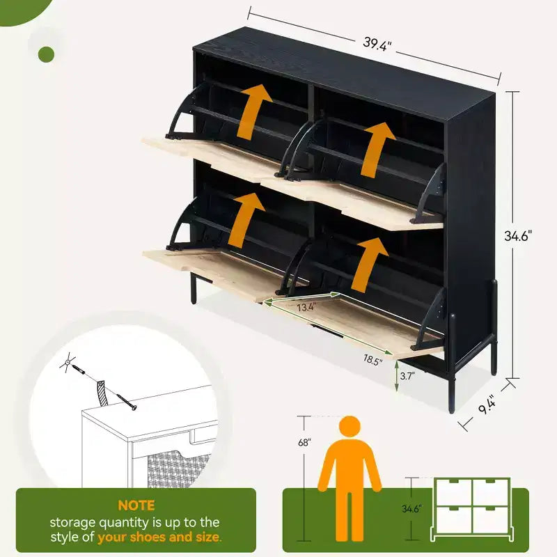 Scarpiera in Rattan con 4 Ante a Ribalta | Nero+Rovere / Rovere / Bianco | Contiene 18 Paia | Autoportante