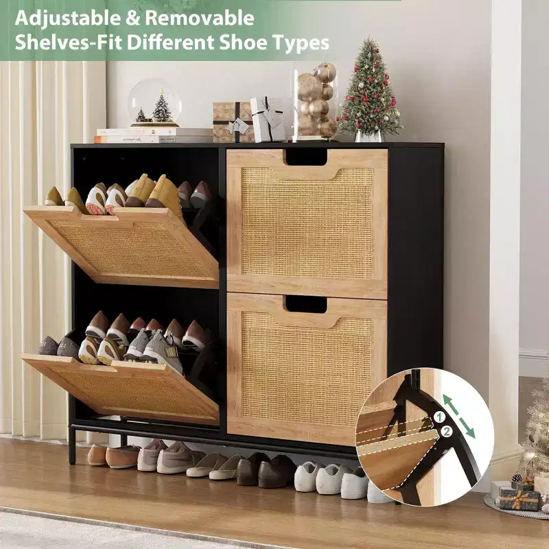 Scarpiera in Rattan con 4 Ante a Ribalta | Nero+Rovere / Rovere / Bianco | Contiene 18 Paia | Autoportante
