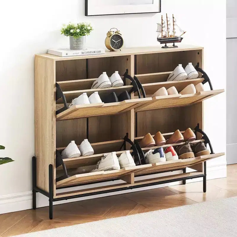 Scarpiera in Rattan con 4 Ante a Ribalta | Nero+Rovere / Rovere / Bianco | Contiene 18 Paia | Autoportante
