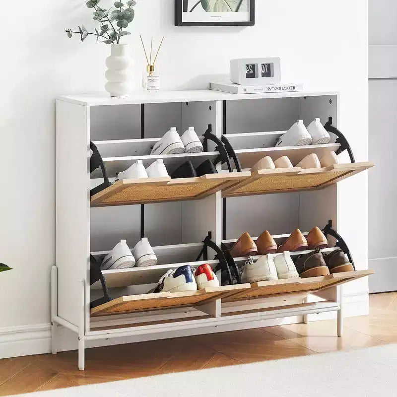 Scarpiera in Rattan con 4 Ante a Ribalta | Nero+Rovere / Rovere / Bianco | Contiene 18 Paia | Autoportante