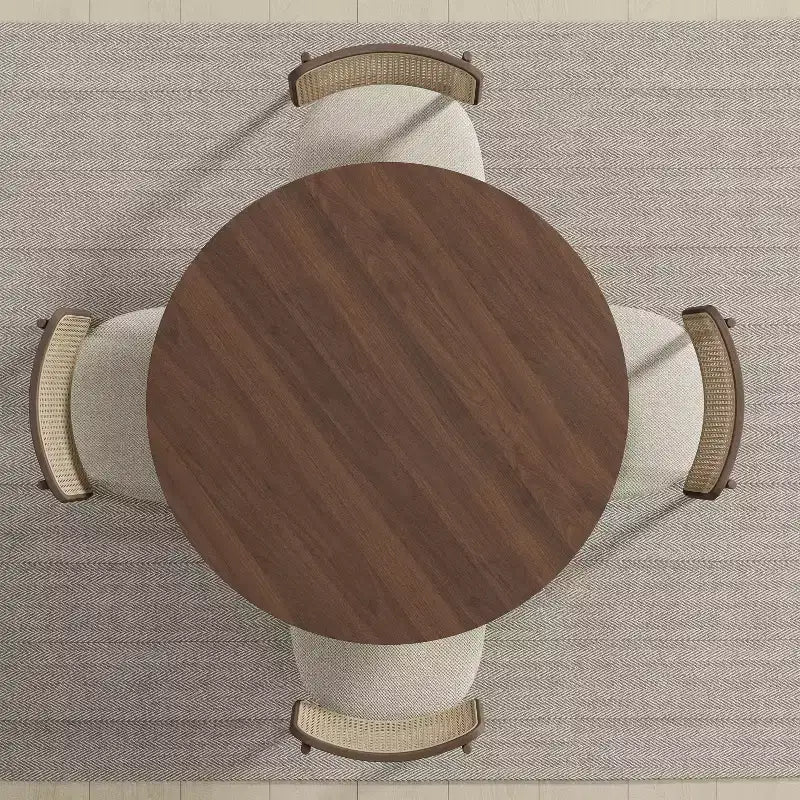 Tavolo da pranzo rotondo in legno marrone per 4 persone, con base a 4 gambe