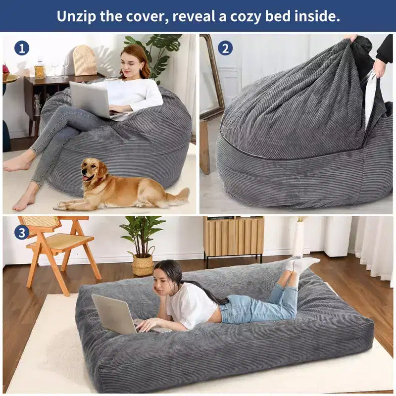 Grigio Scuro / Grigio Chiaro / Blu Marino Poltrona Sacco e Letto Convertibile 2-in-1, per 2 Adulti