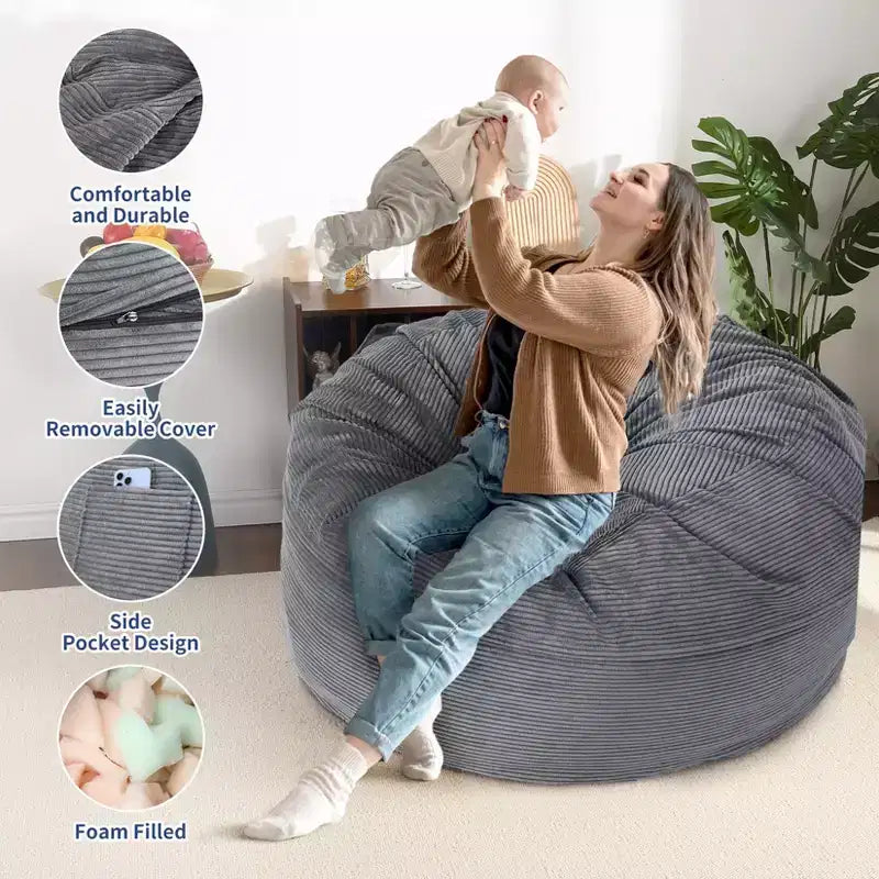 Grigio Scuro / Grigio Chiaro / Blu Marino Poltrona Sacco e Letto Convertibile 2-in-1, per 2 Adulti