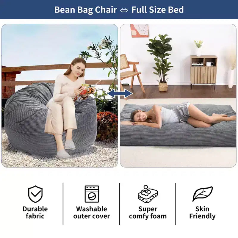Grigio Scuro / Grigio Chiaro / Blu Marino Poltrona Sacco e Letto Convertibile 2-in-1, per 2 Adulti