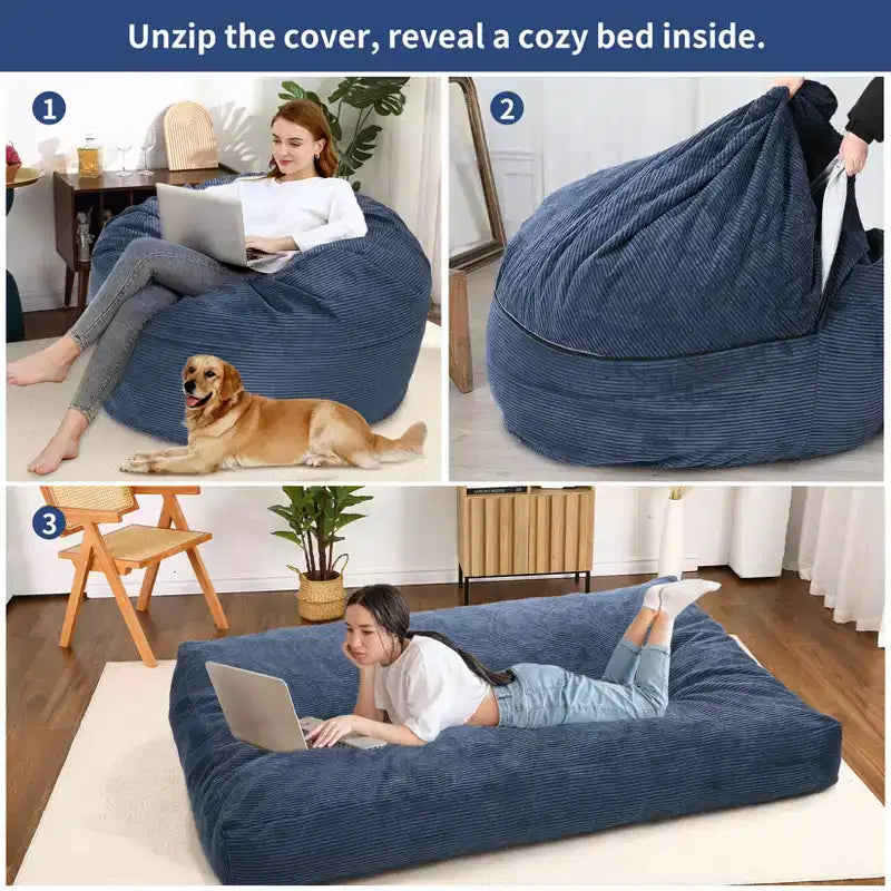 Grigio Scuro / Grigio Chiaro / Blu Marino Poltrona Sacco e Letto Convertibile 2-in-1, per 2 Adulti