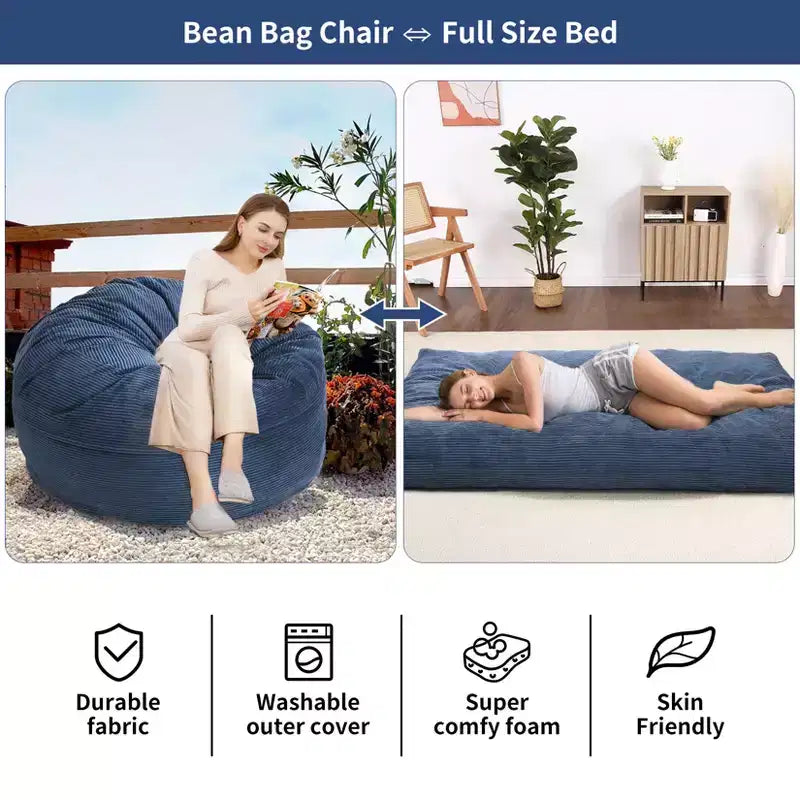 Grigio Scuro / Grigio Chiaro / Blu Marino Poltrona Sacco e Letto Convertibile 2-in-1, per 2 Adulti