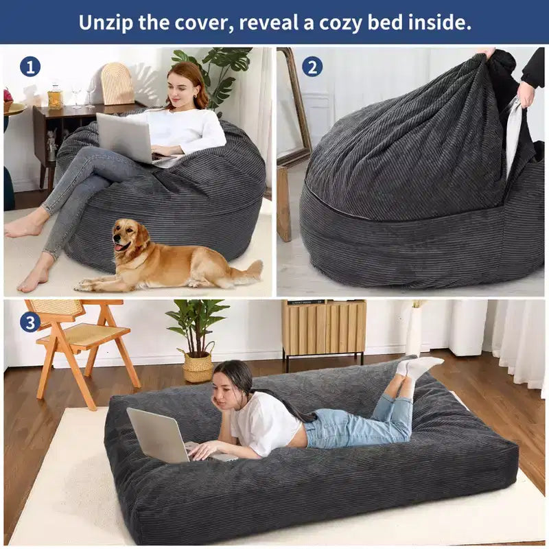 Grigio Scuro / Grigio Chiaro / Blu Marino Poltrona Sacco e Letto Convertibile 2-in-1, per 2 Adulti