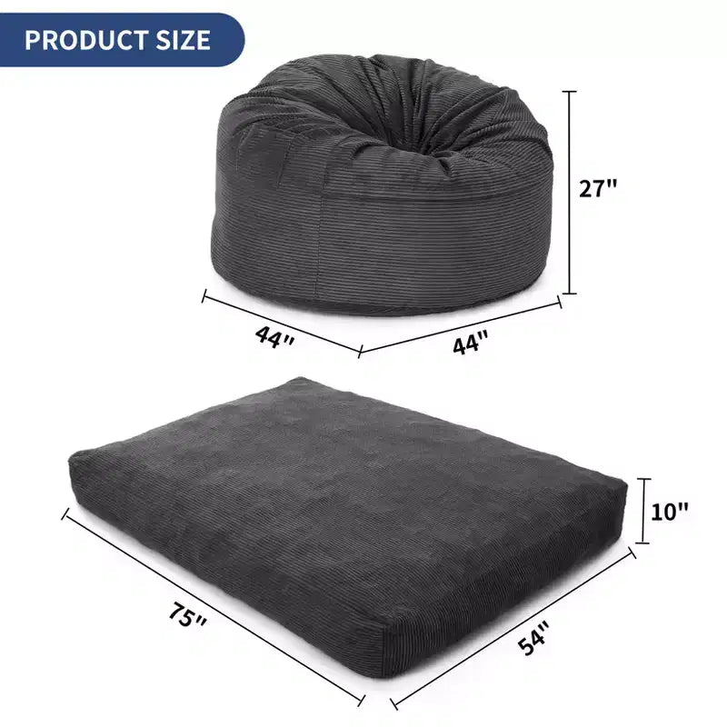 Grigio Scuro / Grigio Chiaro / Blu Marino Poltrona Sacco e Letto Convertibile 2-in-1, per 2 Adulti