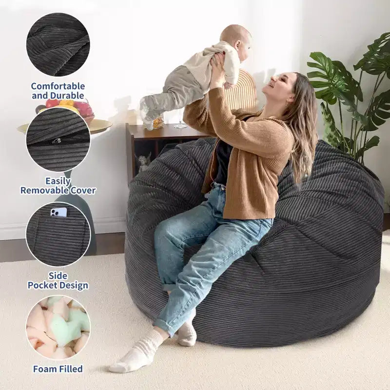 Grigio Scuro / Grigio Chiaro / Blu Marino Poltrona Sacco e Letto Convertibile 2-in-1, per 2 Adulti
