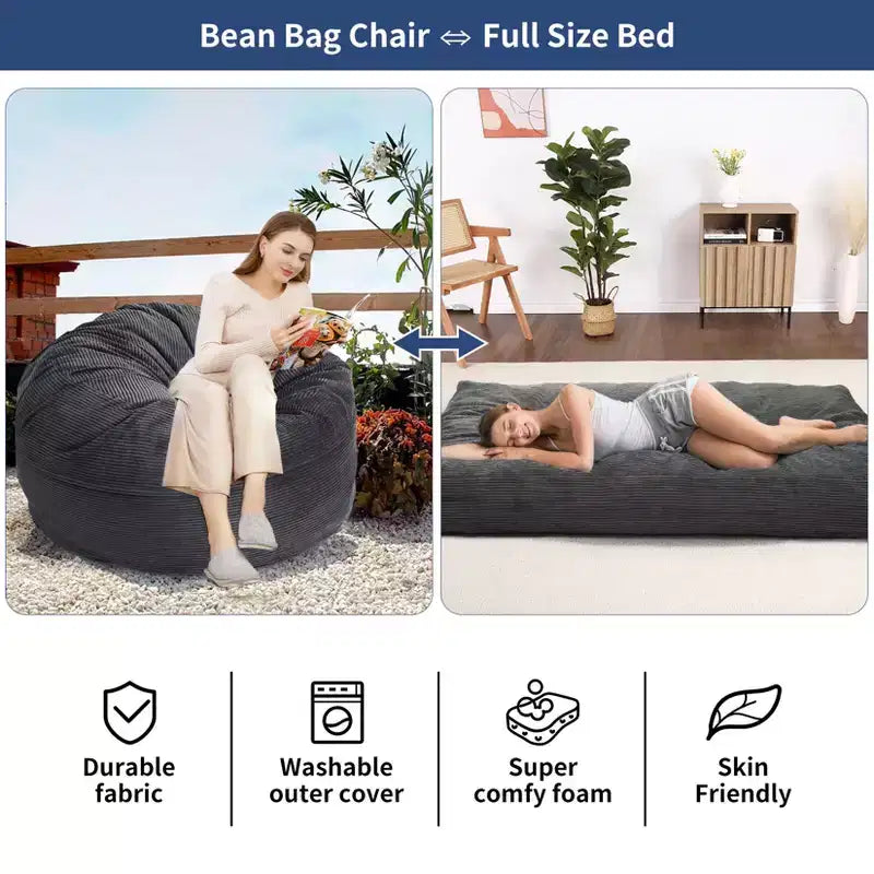 Grigio Scuro / Grigio Chiaro / Blu Marino Poltrona Sacco e Letto Convertibile 2-in-1, per 2 Adulti