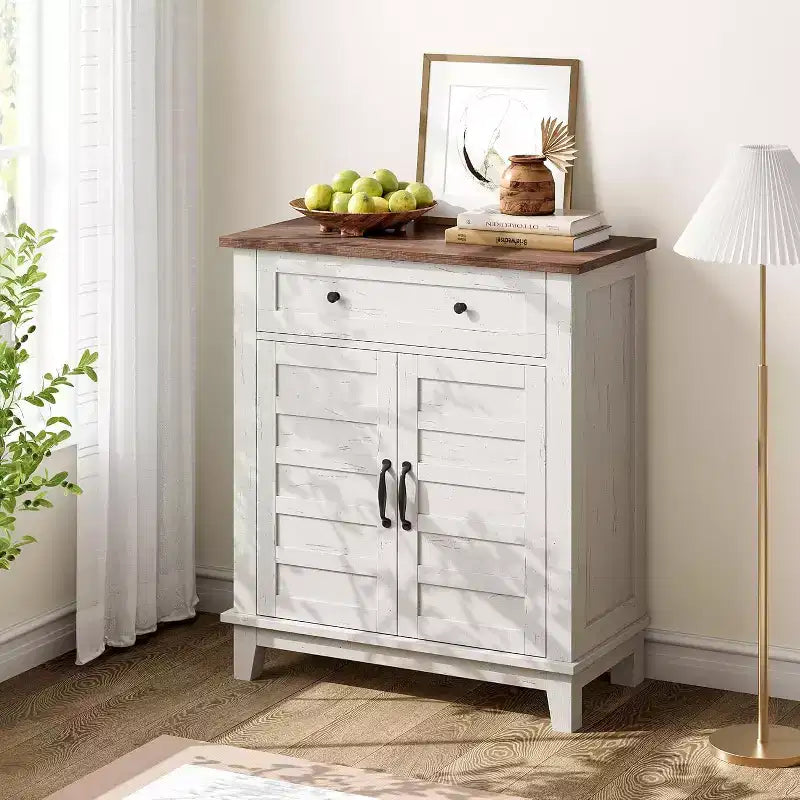 Mobile Contenitore Rustico a 3 Ripiani con Ante a Doghe – Marrone / Marrone e Bianco / Bianco, 80 cm di larghezza, Singolo