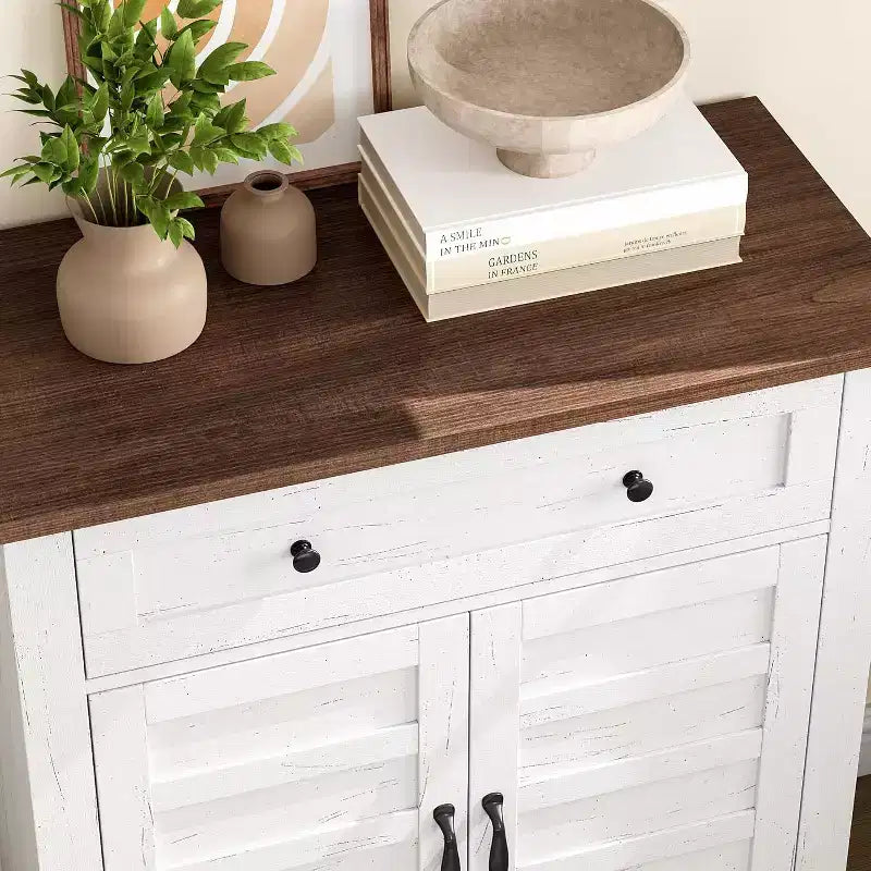 Mobile Contenitore Rustico a 3 Ripiani con Ante a Doghe – Marrone / Marrone e Bianco / Bianco, 80 cm di larghezza, Singolo
