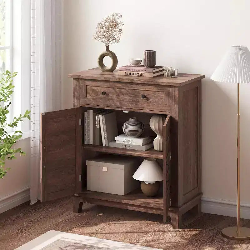 Mobile Contenitore Rustico a 3 Ripiani con Ante a Doghe – Marrone / Marrone e Bianco / Bianco, 80 cm di larghezza, Singolo