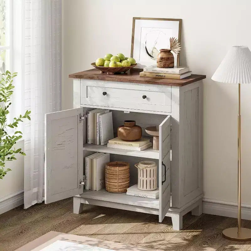 Mobile Contenitore Rustico a 3 Ripiani con Ante a Doghe – Marrone / Marrone e Bianco / Bianco, 80 cm di larghezza, Singolo