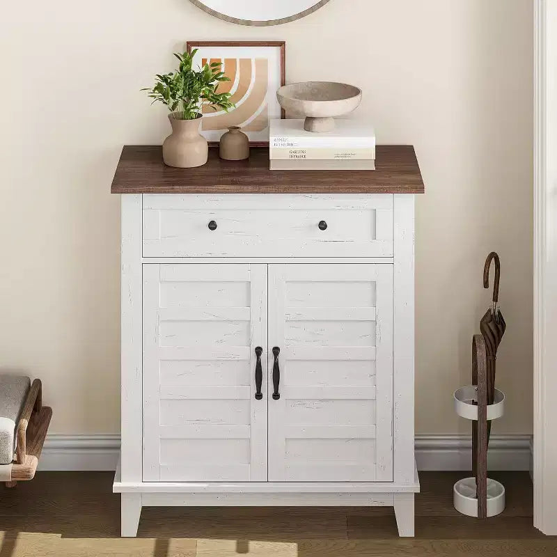 Mobile Contenitore Rustico a 3 Ripiani con Ante a Doghe – Marrone / Marrone e Bianco / Bianco, 80 cm di larghezza, Singolo