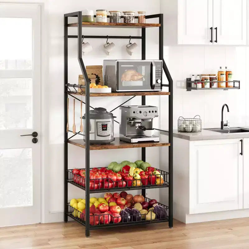 Scaffale da cucina a 5 ripiani indipendente con cestello in rete e piedini regolabili, nero/marrone/grigio