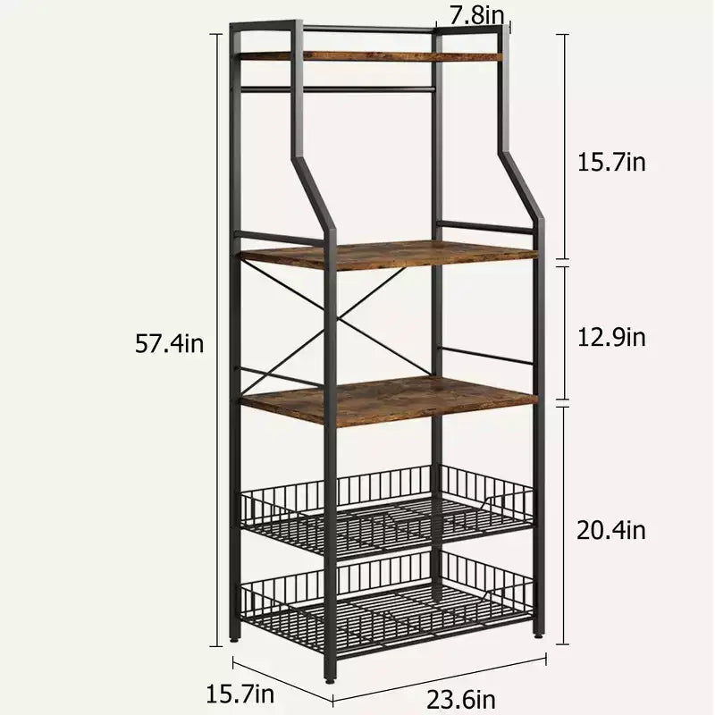 Scaffale da cucina a 5 ripiani indipendente con cestello in rete e piedini regolabili, nero/marrone/grigio